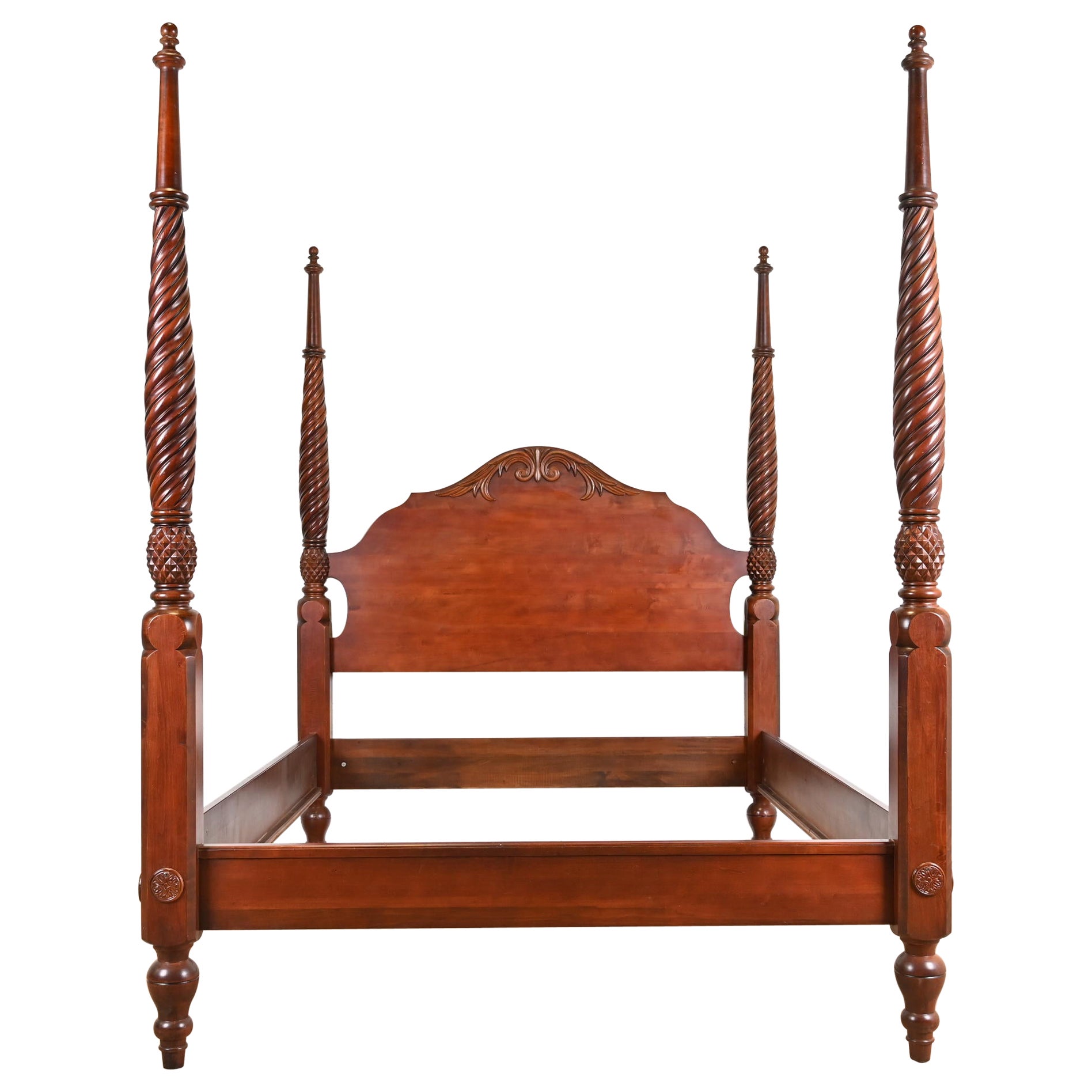 Georgian Carved Cherry Wood Queen Size Poster Bed