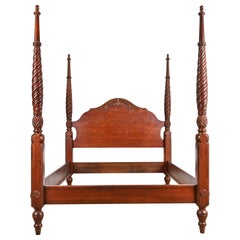 Vintage Georgian Carved Cherry Wood Queen Size Poster Bed