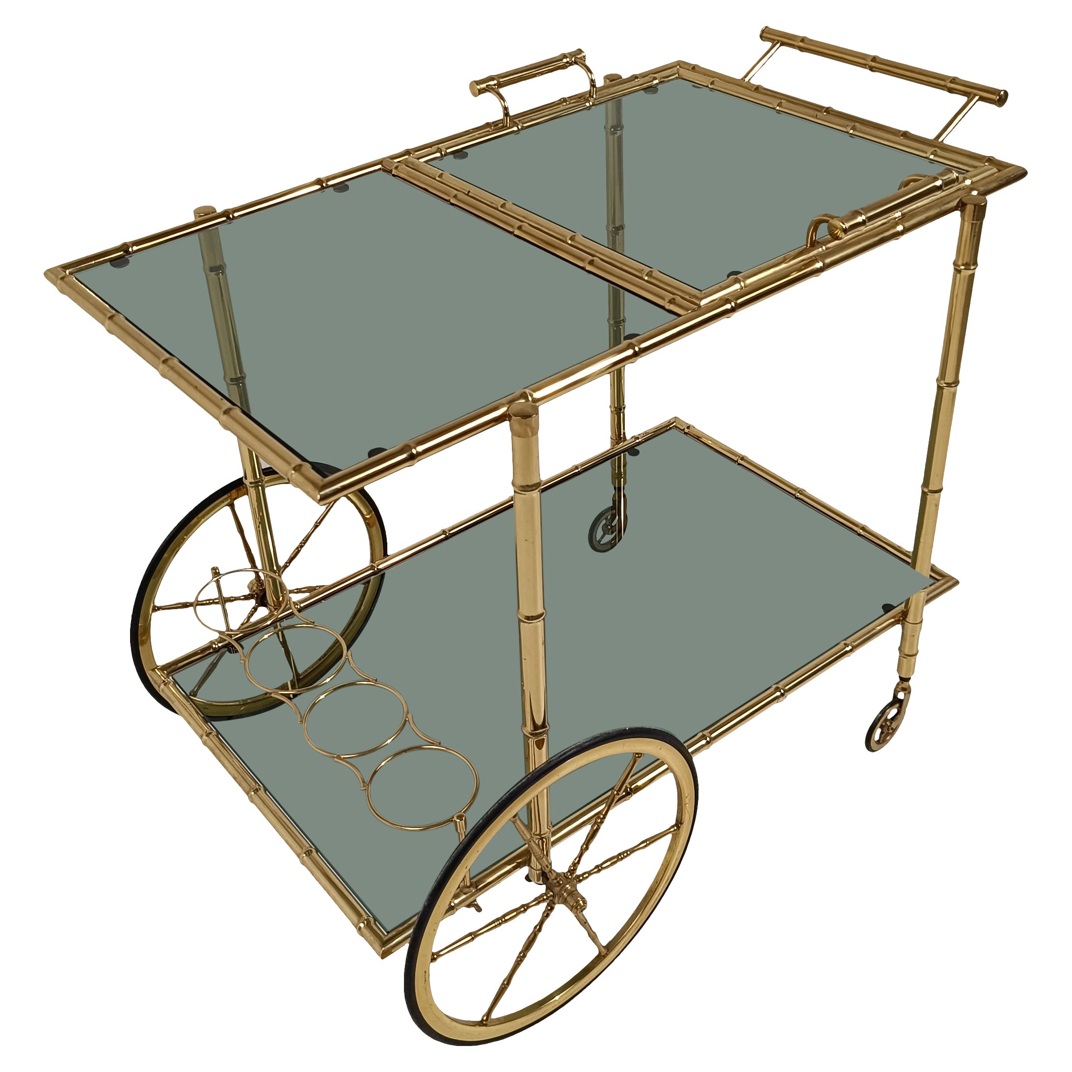 Mid-Century modern Vergoldetes Messing Faux Bambus Bar Cart mit abnehmbarem Tablett Top 70s im Angebot