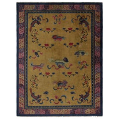 Antique Indochinese Art Deco Rug in Gold with Kirin Pictorials, from Rug & Kilim