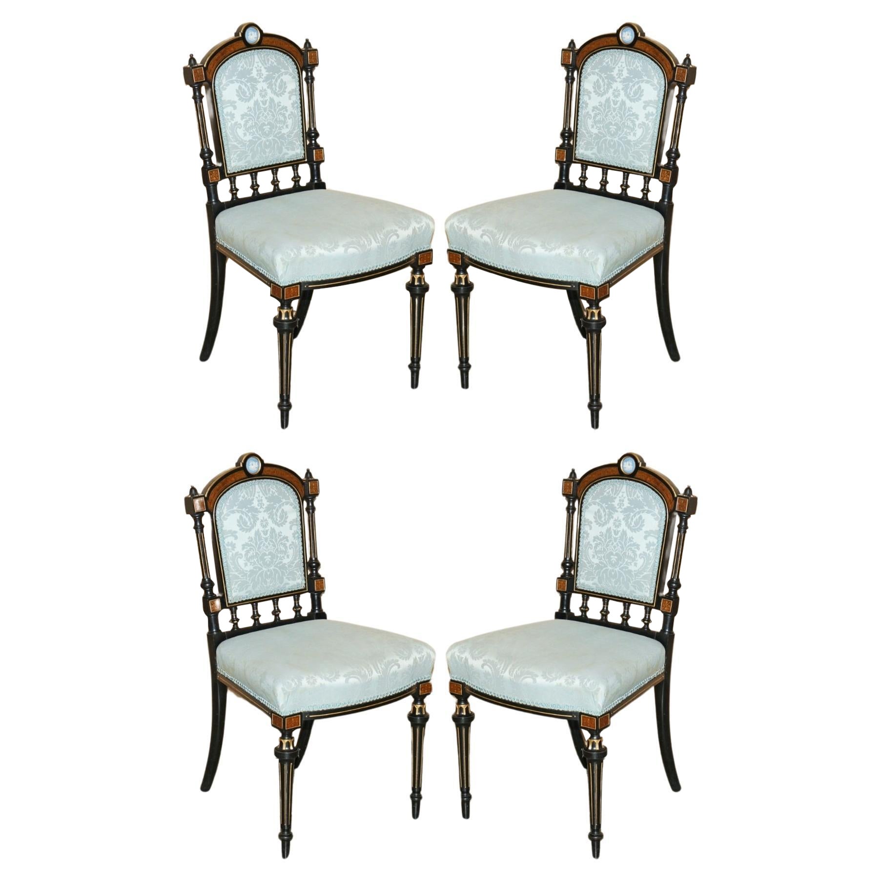 FOUR FINE BURR WALNUT AESTHETIC MOVEMENT DINING CHAIRS WITH GRAND TOUR PLAQUEs