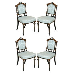 Used FOUR FINE BURR WALNUT AESTHETIC MOVEMENT DINING CHAIRS WITH GRAND TOUR PLAQUEs