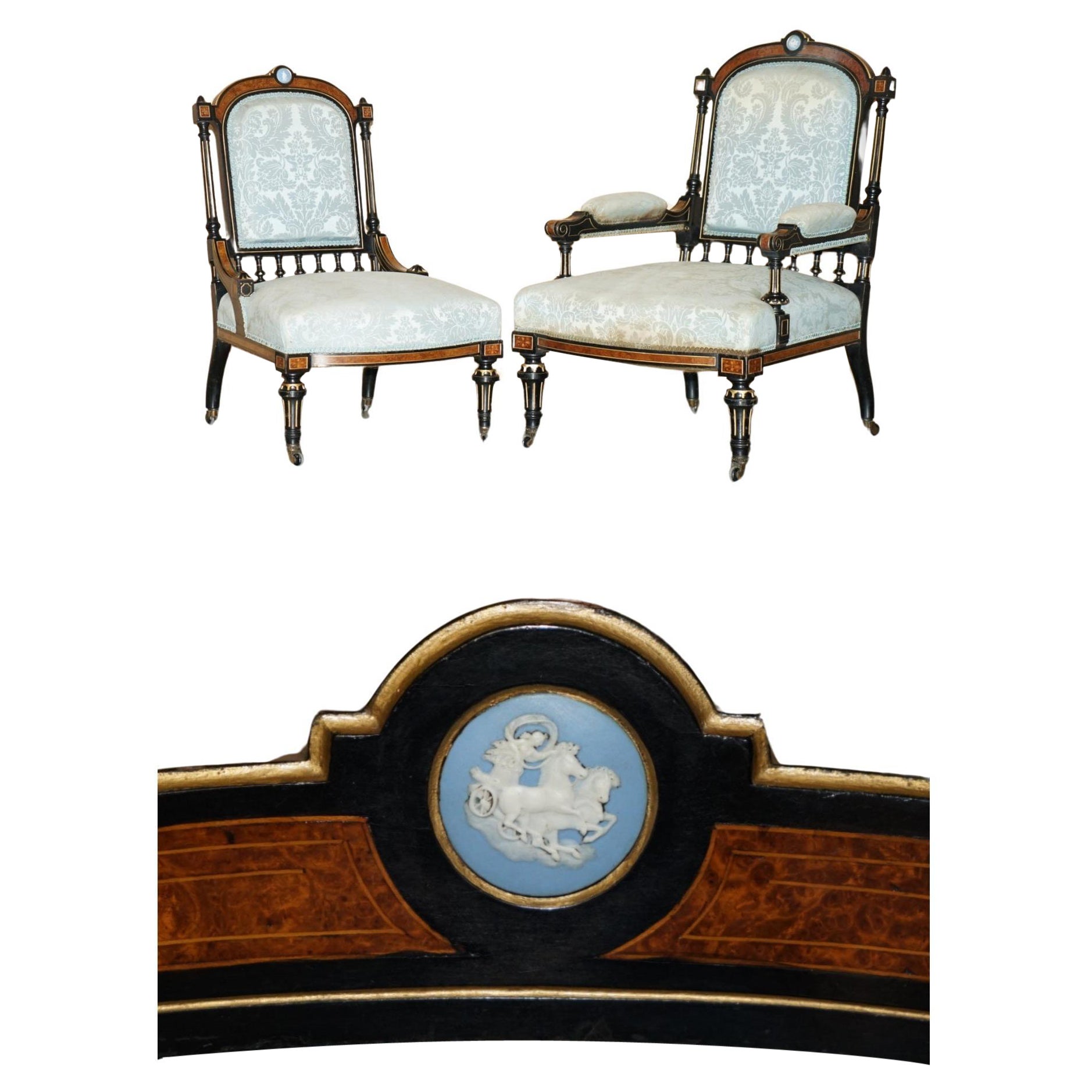 PAIR OF BURR WALNUT AESTHETIC MOVEMENT LIBRARY ARMCHAIRS WITH GRAND TOUR PLAQUEs For Sale