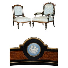 Antique PAIR OF BURR WALNUT AESTHETIC MOVEMENT LIBRARY ARMCHAIRS WITH GRAND TOUR PLAQUEs
