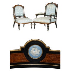 PAIR OF BURR WALNUT AESTHETIC MOVEMENT LIBRARY ARMCHAIRS WITH GRAND TOUR PLAQUEs