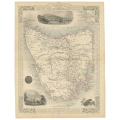 Carte de la Tasmanie avec des illustrations de la faune locale et des sites coloniaux, 1851