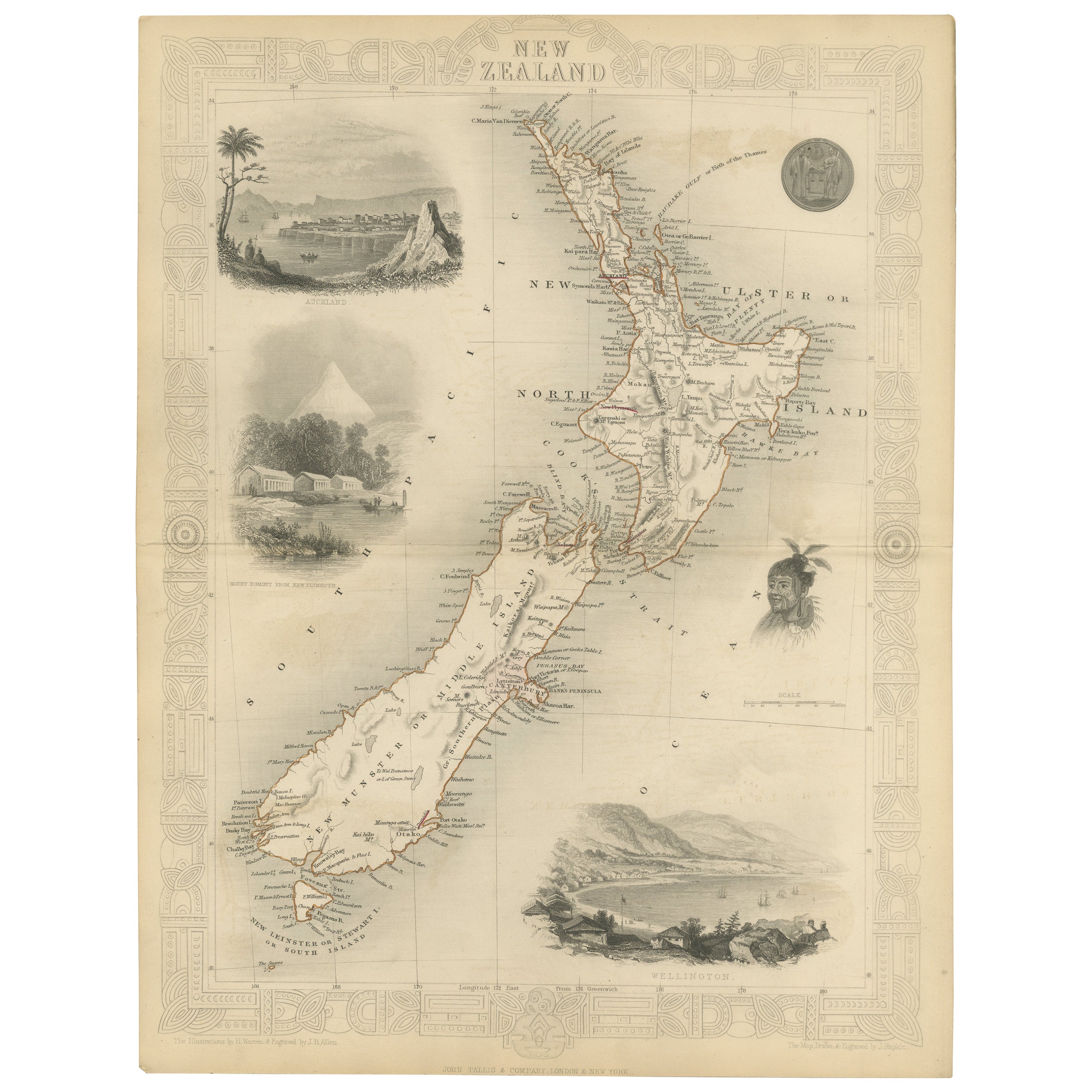 Map of New Zealand mit Maori-Kultur und frühen Kolonialsiedlungen aus Neuseeland, 1851 im Angebot