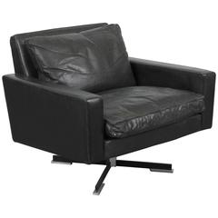 Mid-Century Modern Black Leather Swivel Chair