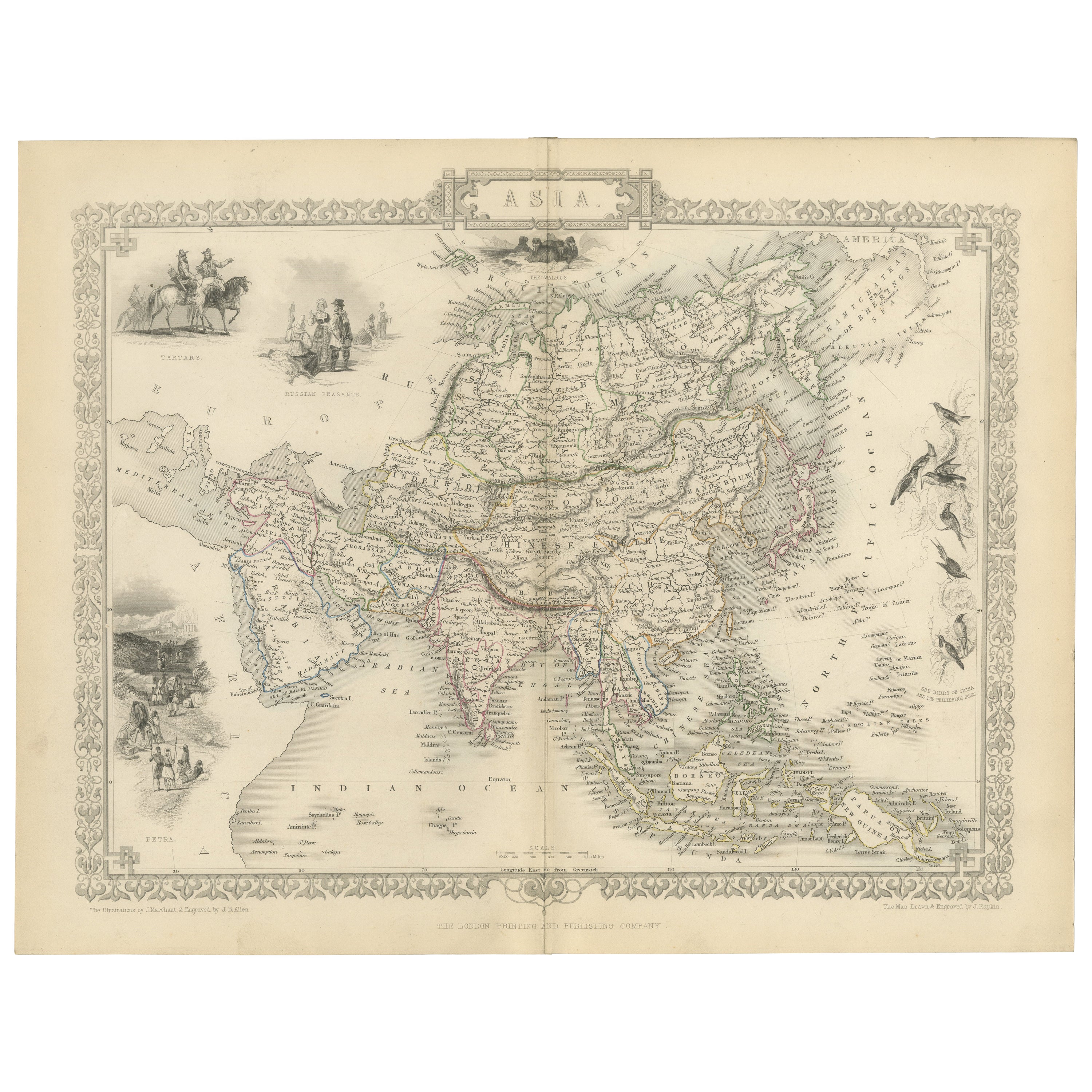 Dekorative Karte von Asien aus der Mitte des 19. Jahrhunderts mit kulturellen und natürlichen Vignetten im Angebot