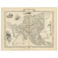 Carte décorative d'Asie du milieu du XIXe siècle avec vignettes culturelles et naturelles