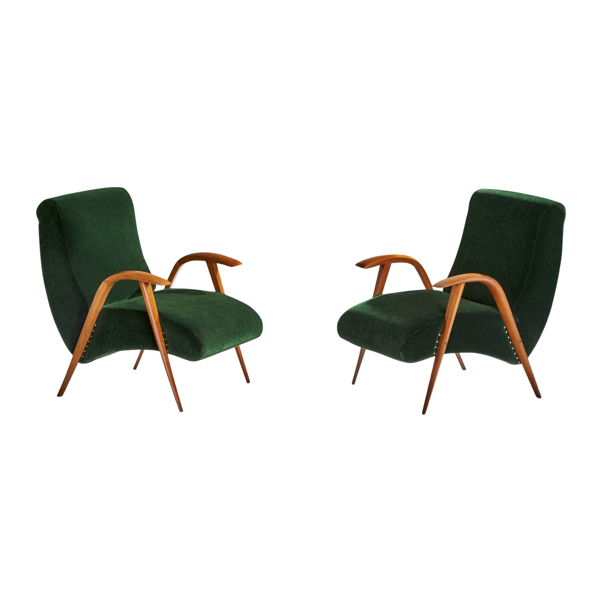 Italian Designer, Lounge Chairs, Wood, Velvet, Italy, 1940s For Sale