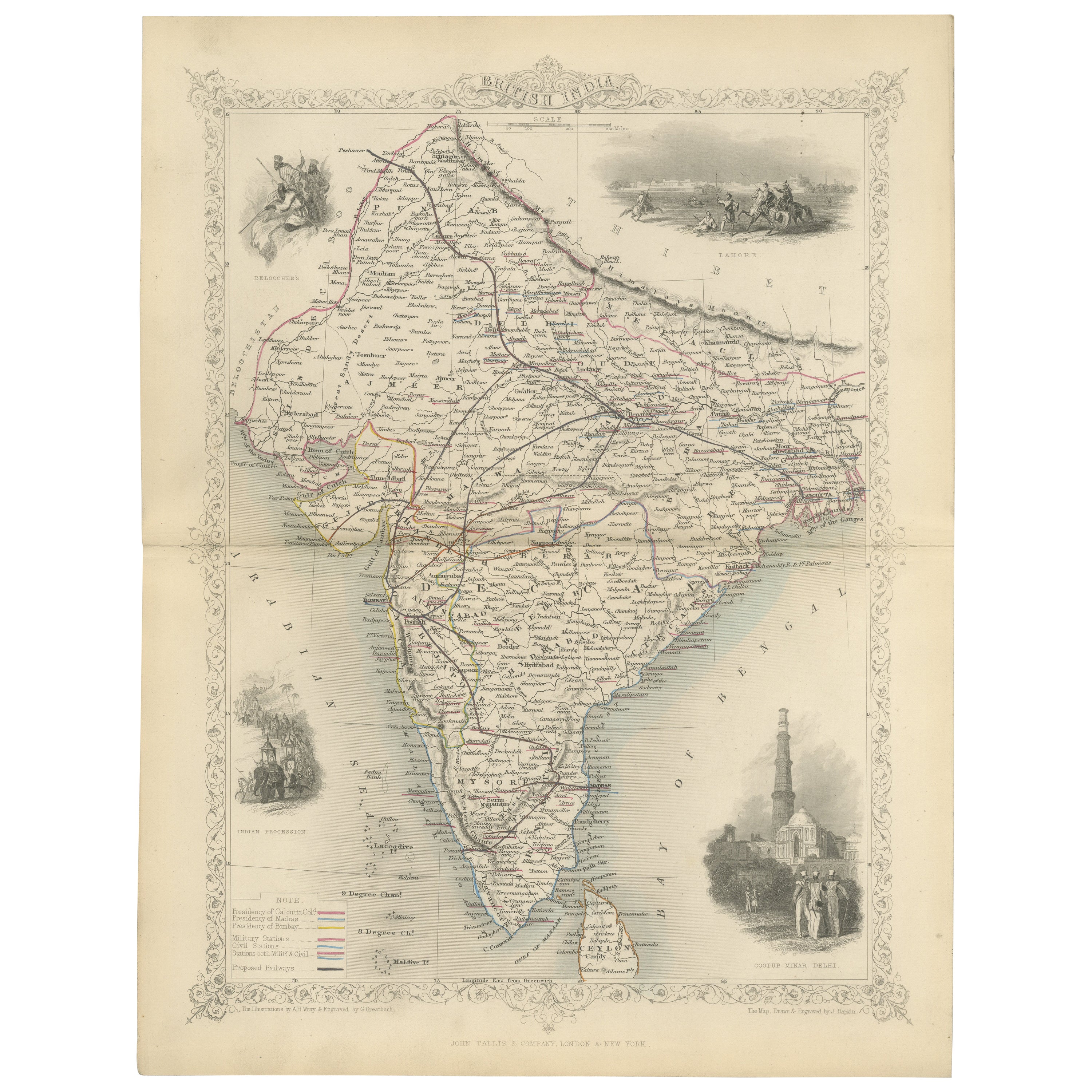 Dekorative Karte Indiens aus der Mitte des 19. Jahrhunderts mit kulturellen und natürlichen Vignetten