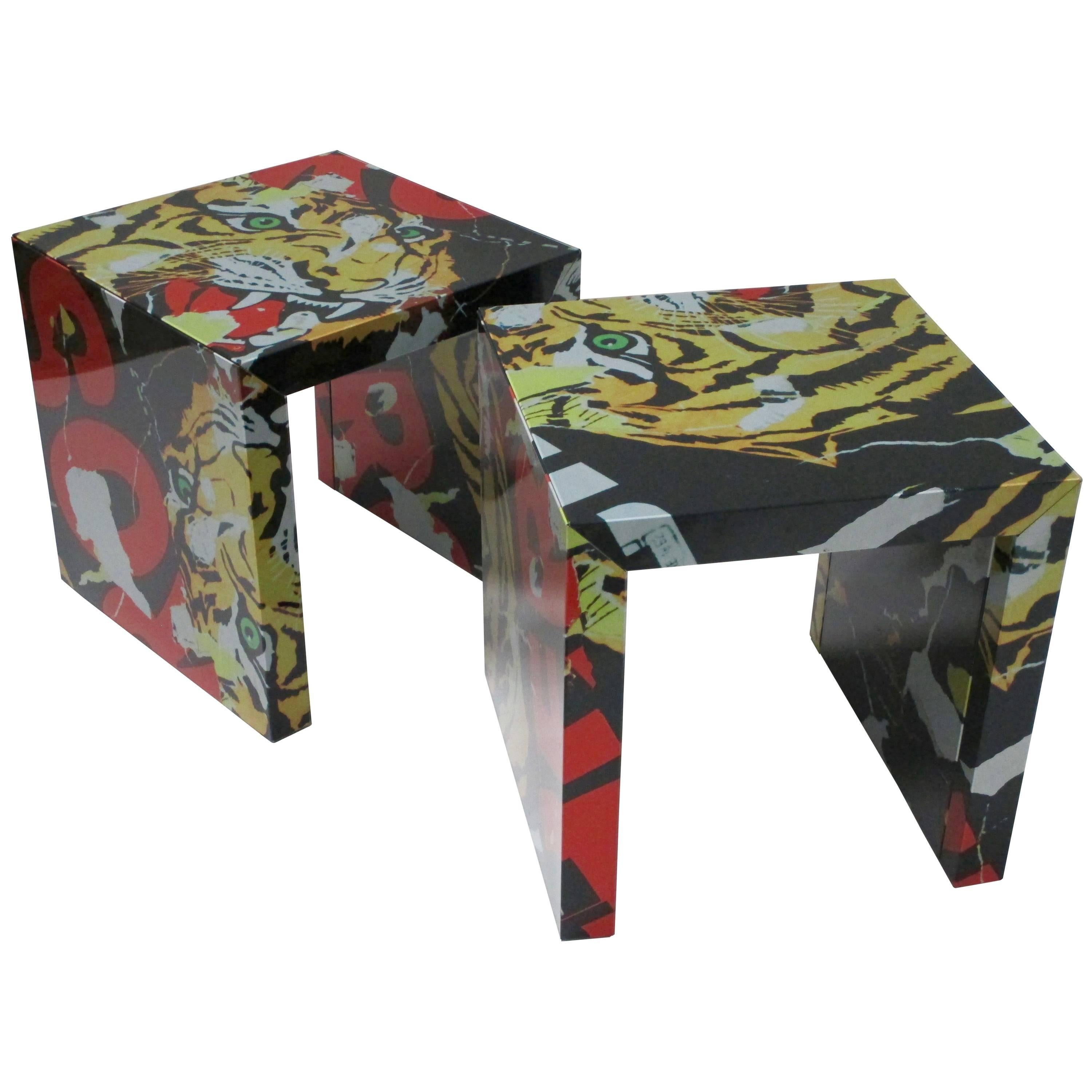 Pair of "Decollage" Metal Side Tables by Mimmo Rotella and Marco Ferreri For Sale