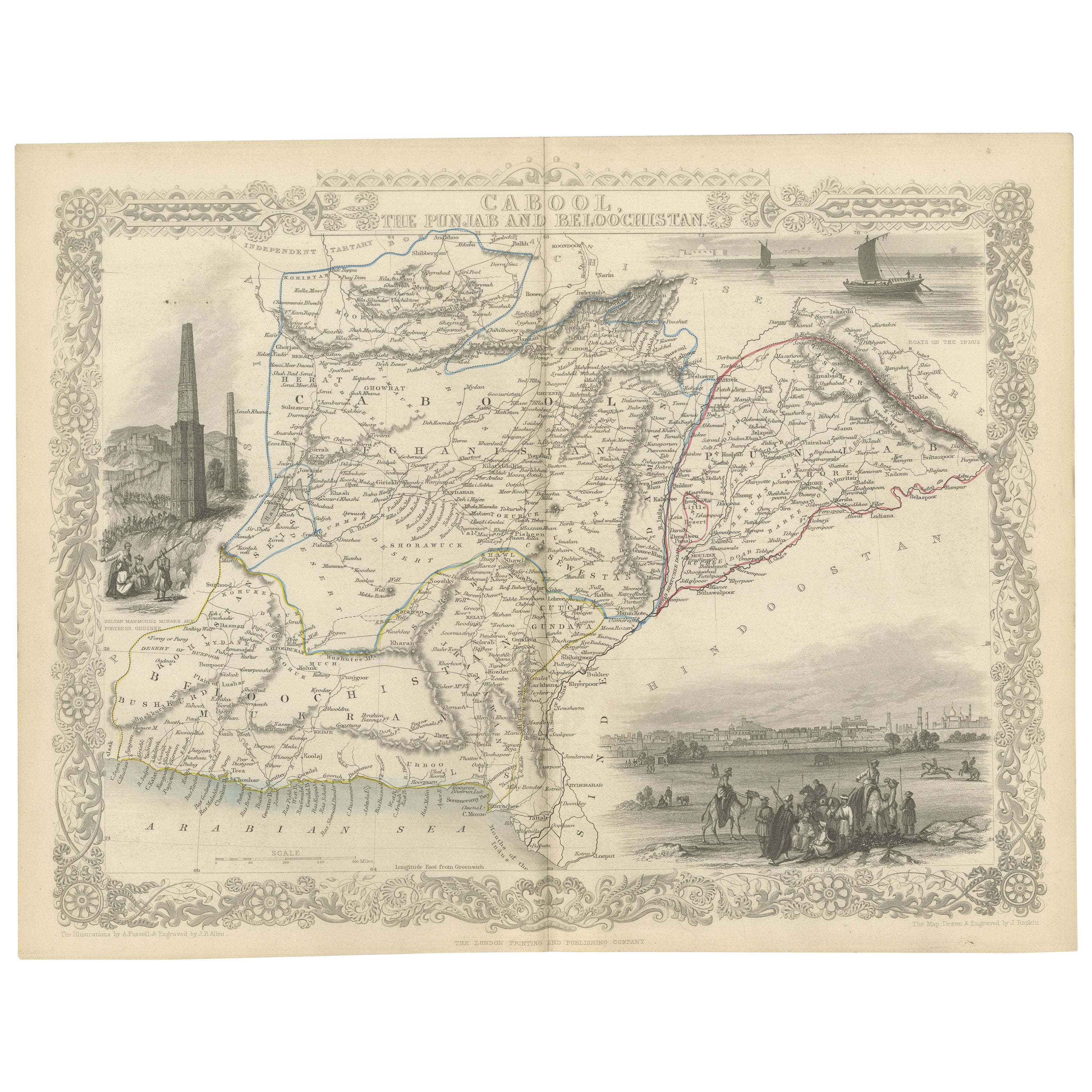 An Illustrated Map of Kabul, Punjab, and Baluchistan by Tallis, 1851