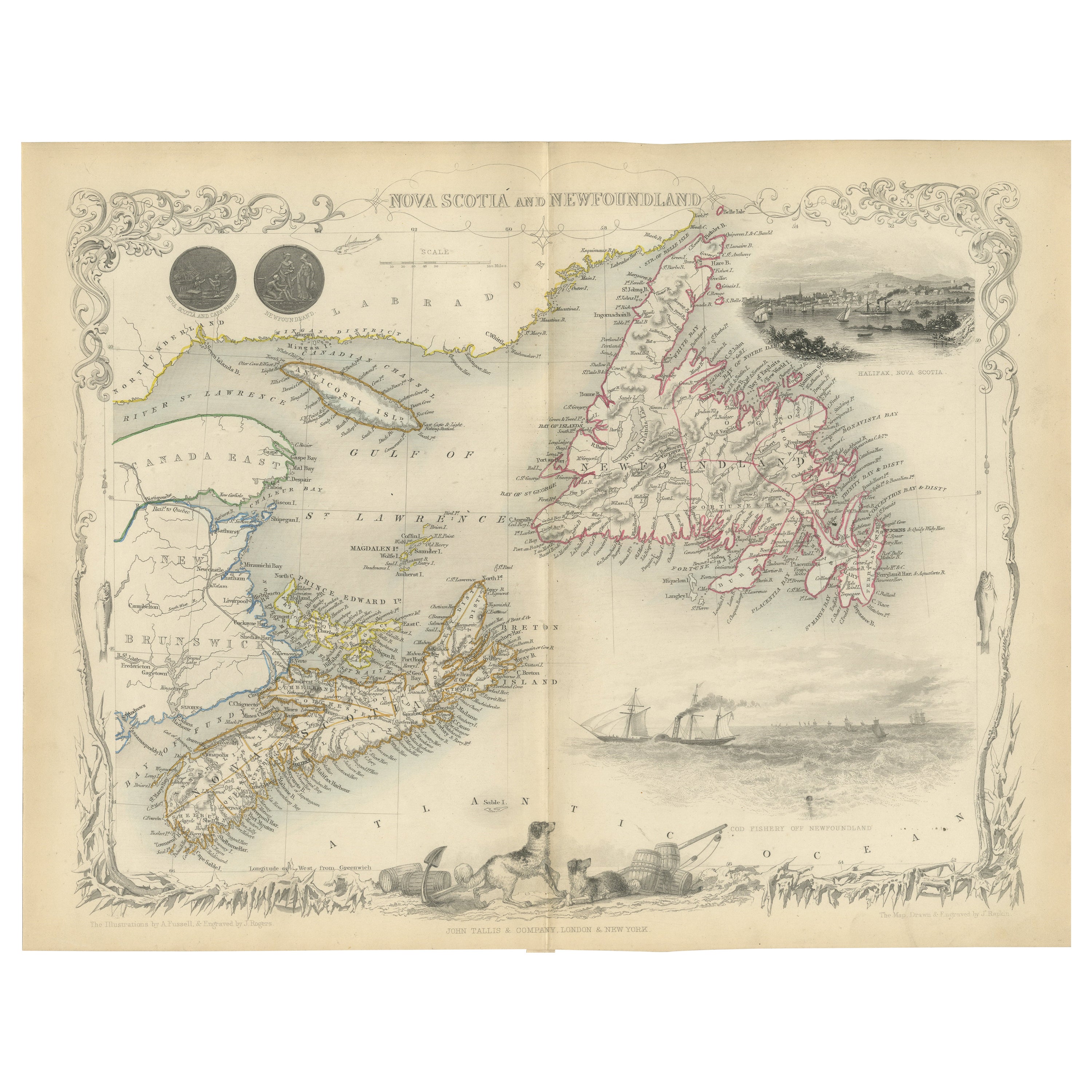 Dekorative Karte von Nova Scotia und Neufundland von John Tallis, 1851 im Angebot