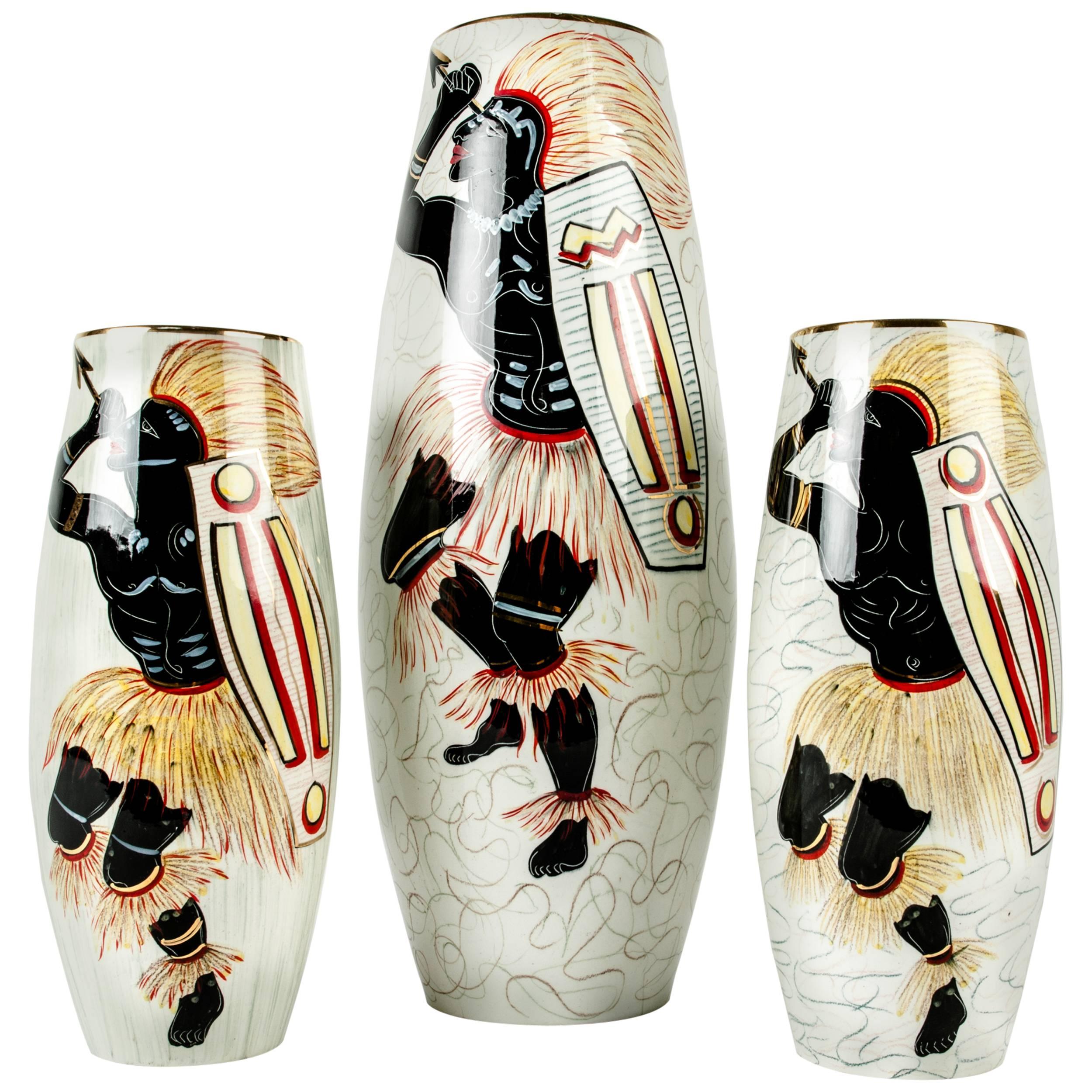 Set of Three Italian Glazed Ceramic Decorative Vases, Mica, ca. 1940s