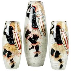 Set of Three Italian Glazed Ceramic Decorative Vases, Mica, ca. 1940s