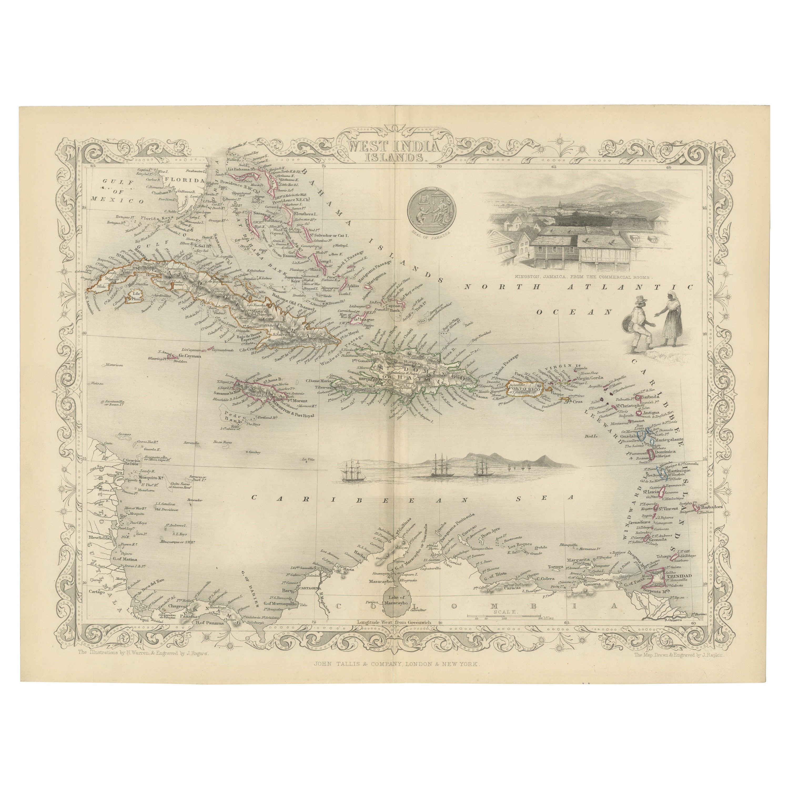 Ornate Cartography of Colonial Grandeur: The West India Islands around 1851 For Sale