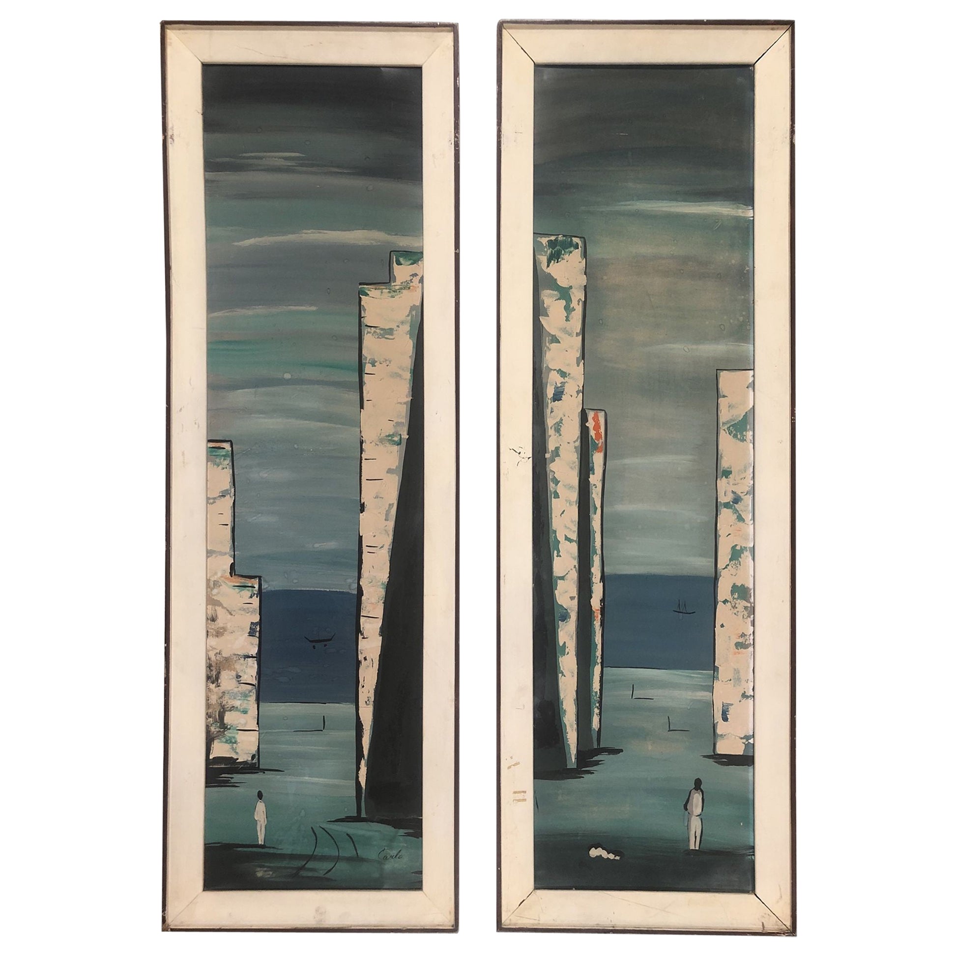 Paire d'acryliques sur toile de Carlo of Hollywood, paysage abstrait en vente
