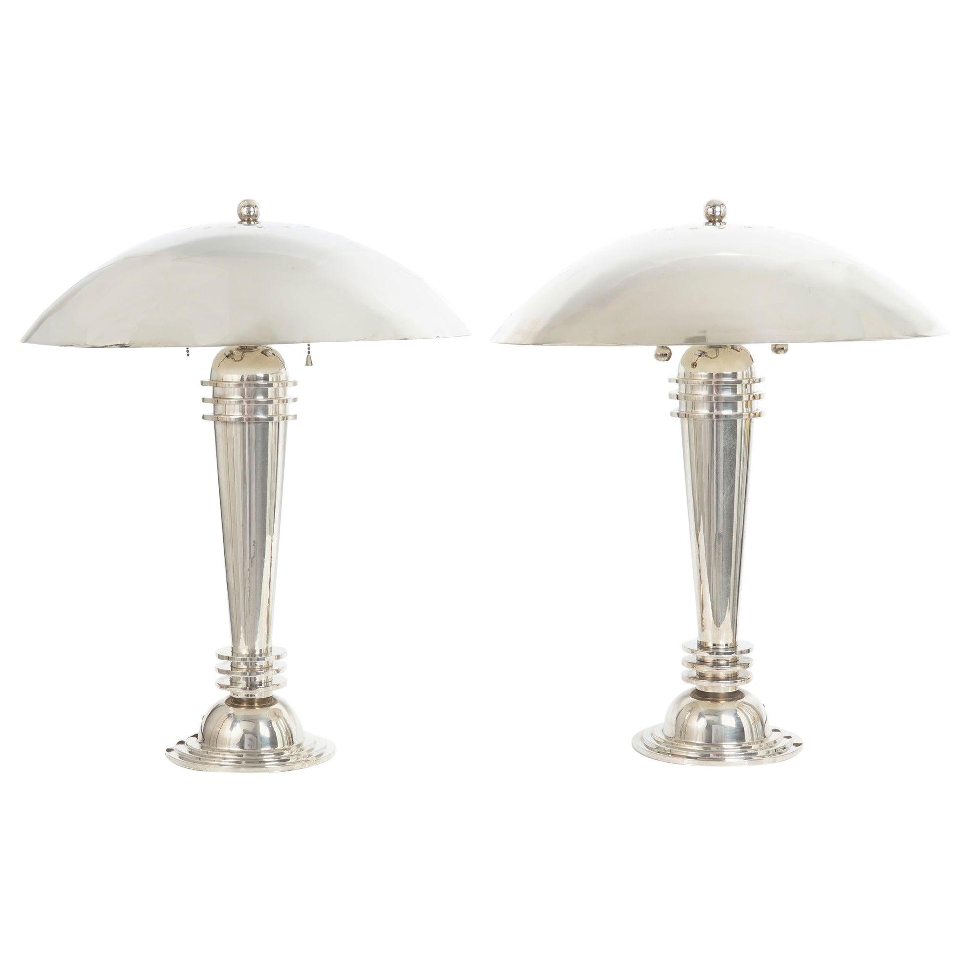 Pair of Art Deco Style Streamline Chrome Vintage Table Lamps For Sale