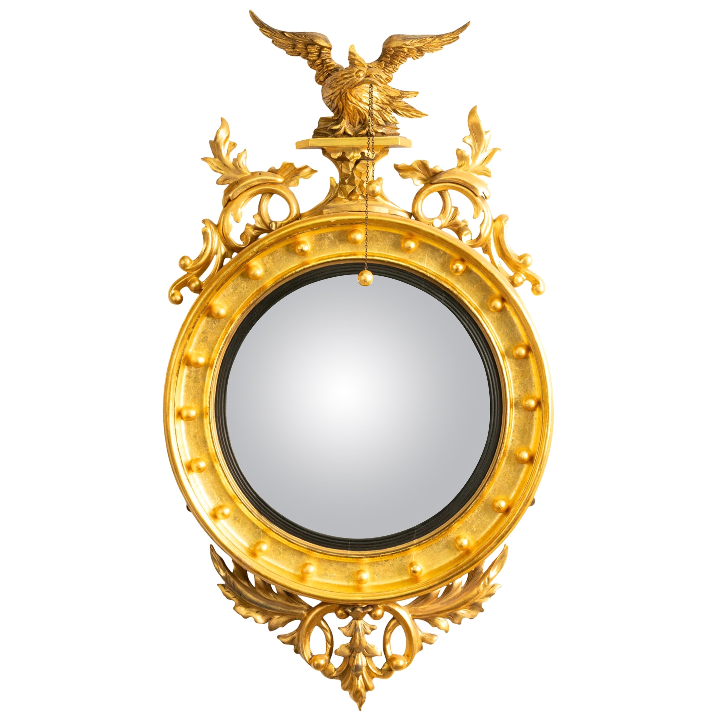 Antique Early 19thC American Federal Period Convex Gilt Wood Eagle Mirror 1820 For Sale