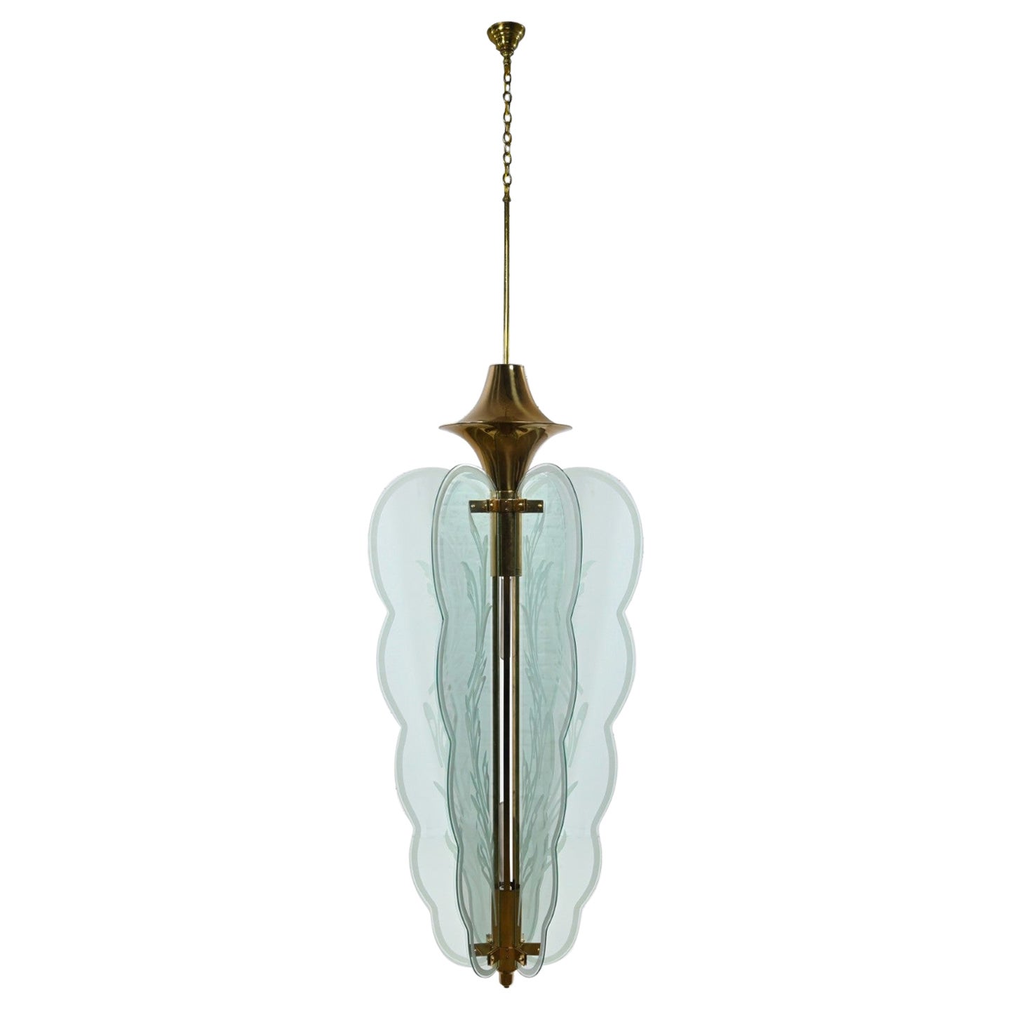 Art Deco Revival Monumental Brass Etched Glass Hanging Light Fixture Chandelier For Sale