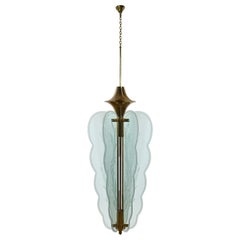 Antique Art Deco Revival Monumental Brass Etched Glass Hanging Light Fixture Chandelier