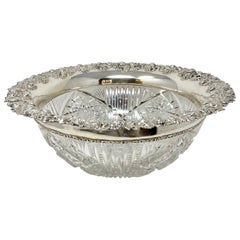 Antique American Bright Cut Crystal Bowl with Sterling Silver Mounts, Circa 1890