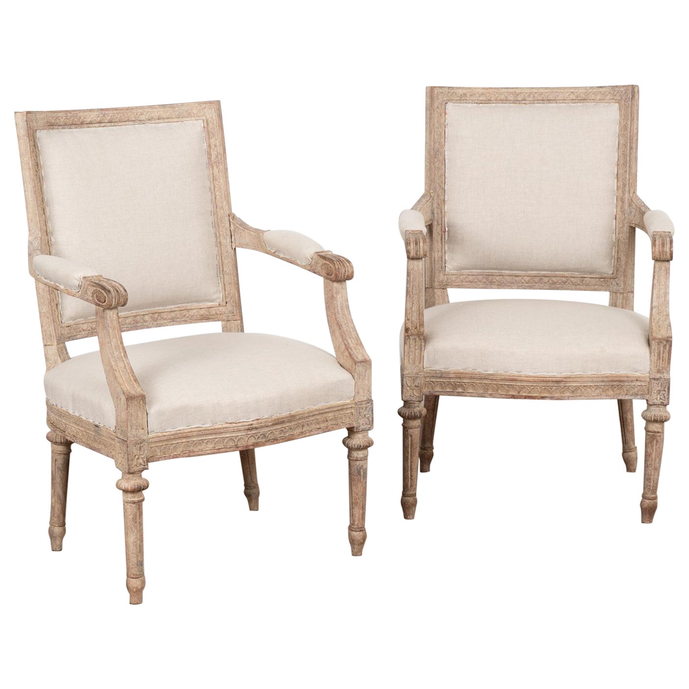 Pair, White Painted Gustavian Style Armchairs, Sweden circa 1900's For Sale
