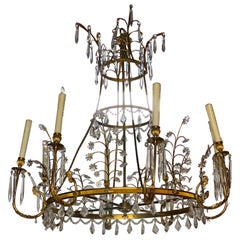 Antique Early 20th C Baltic Russian Neoclassical Eight-Arm Brass & Crystal Chandelier