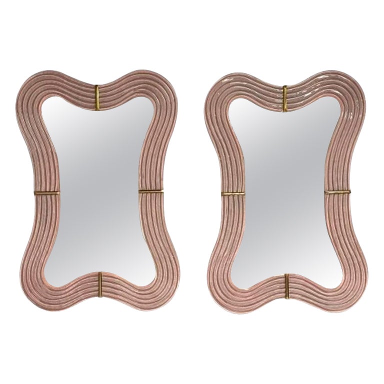 Contemporary, Wavy Wall Mirrors, Pink Murano Glass, Brass, Italy, 2023 For Sale