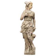 Antike italienische Kalksteinstatue der Diana der Jägerin und ihres Hundes aus Kalkstein, um 1890
