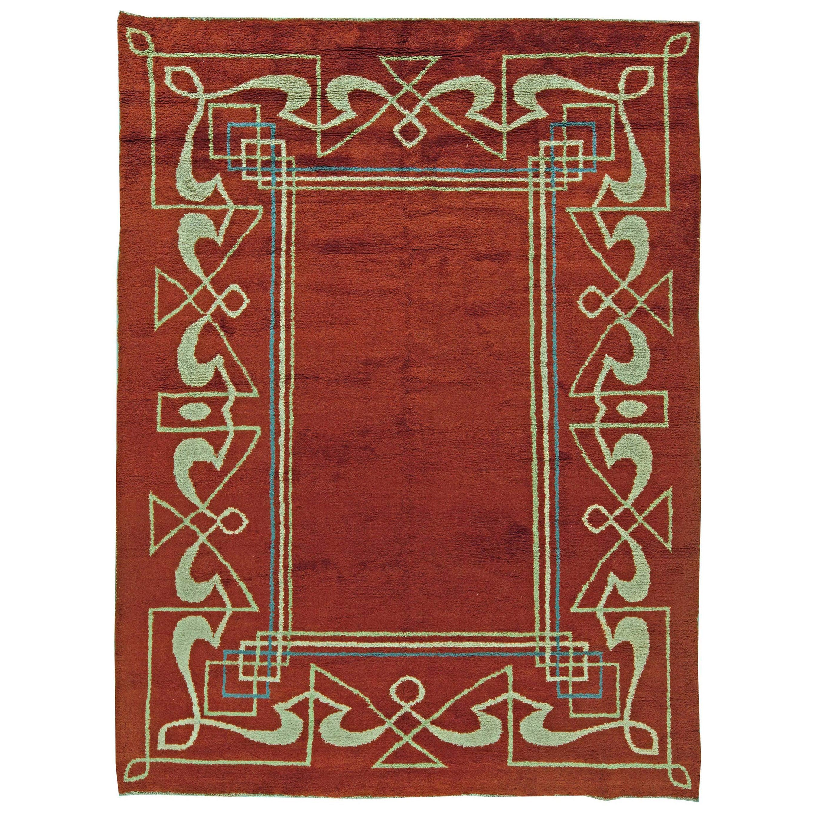 One-of-a-kind Art Deco Red, Brown Handmade Wool Rug