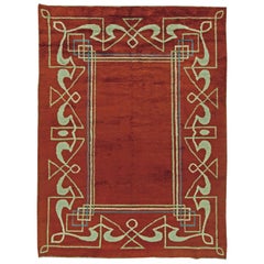 One-of-a-kind Art Deco Red, Brown Handmade Wool Rug