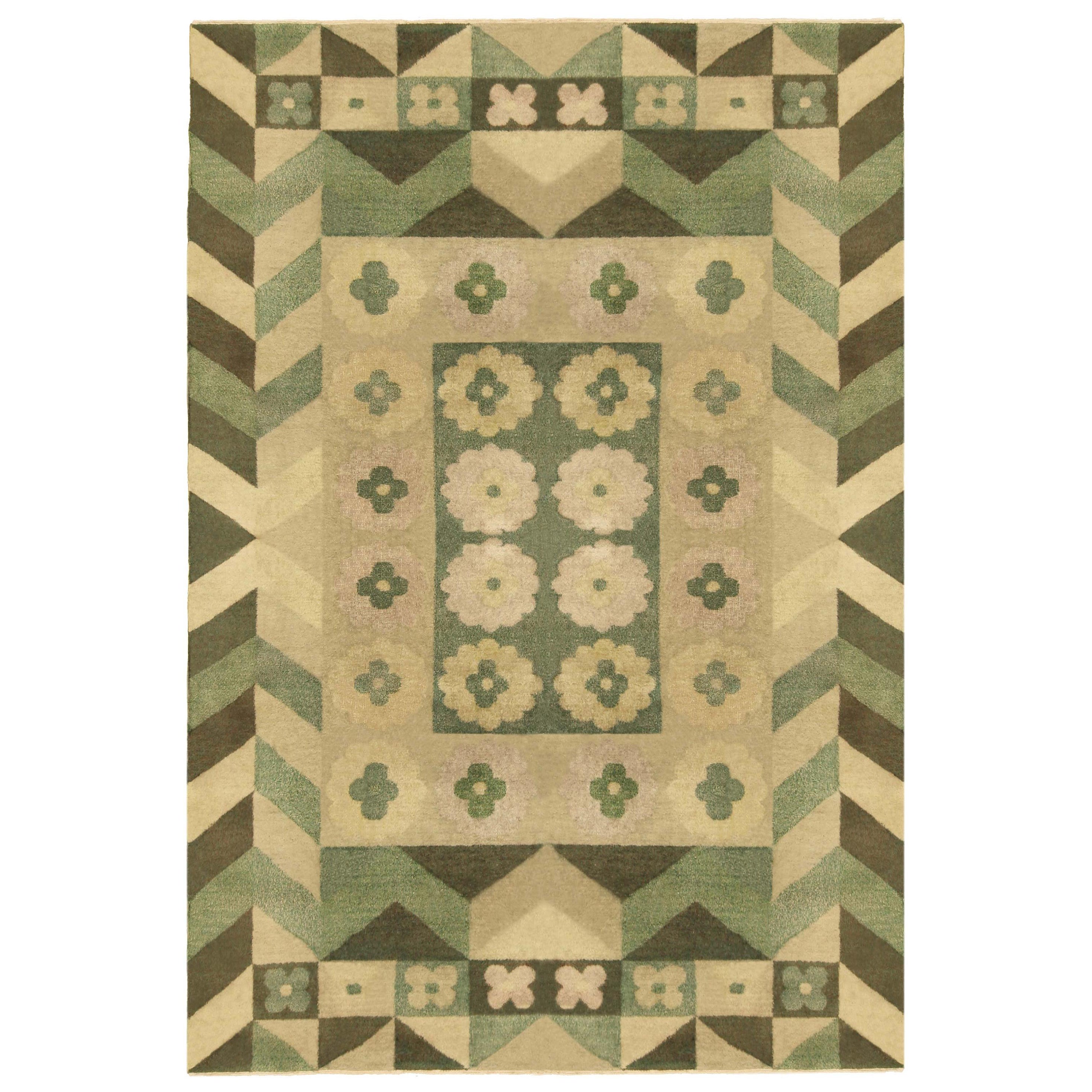 Art Deco Design Green Handmade Wool Carpet For Sale