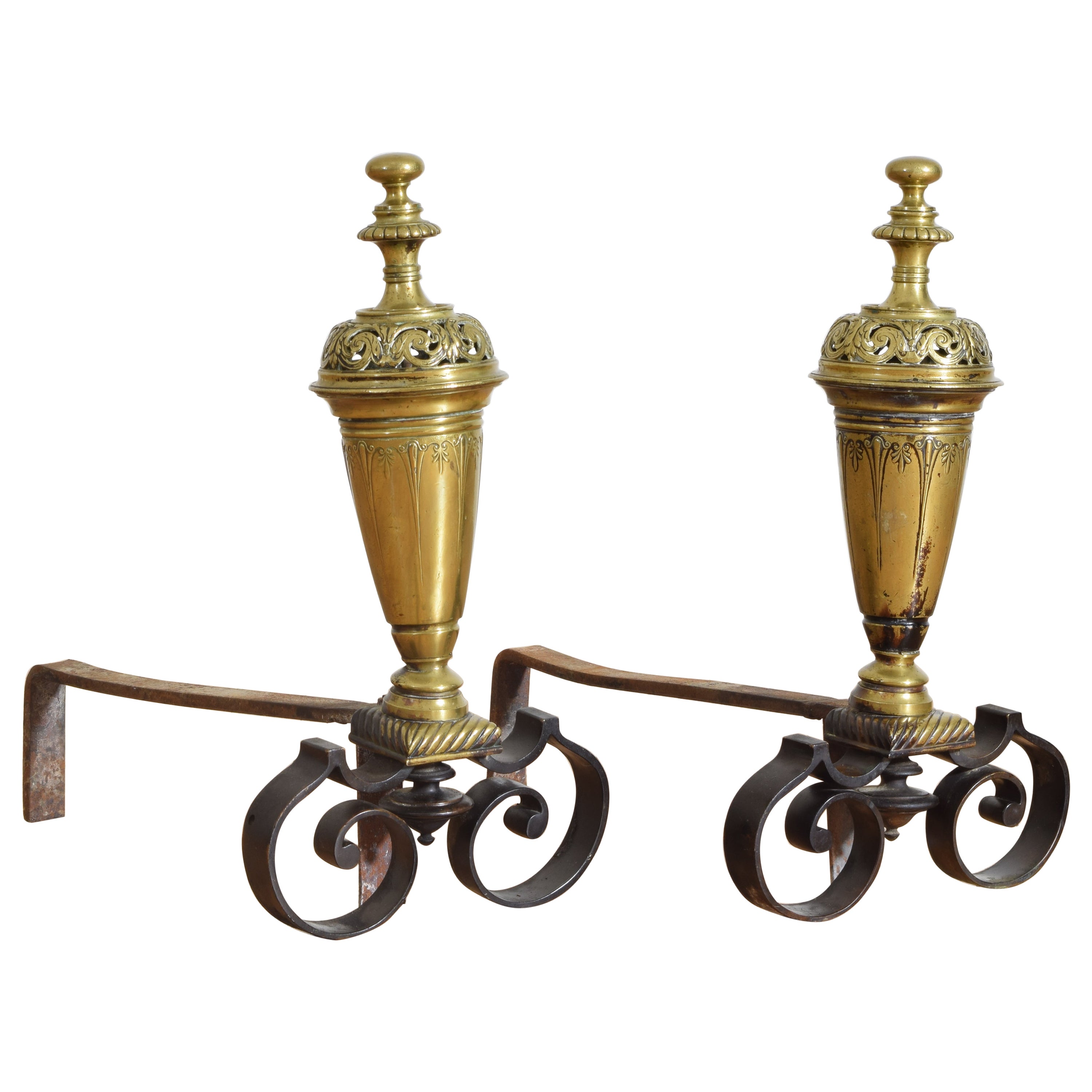 Pair French Brass & Iron Louis Philippe Period Urn-Form Andirons, ca. 1840
