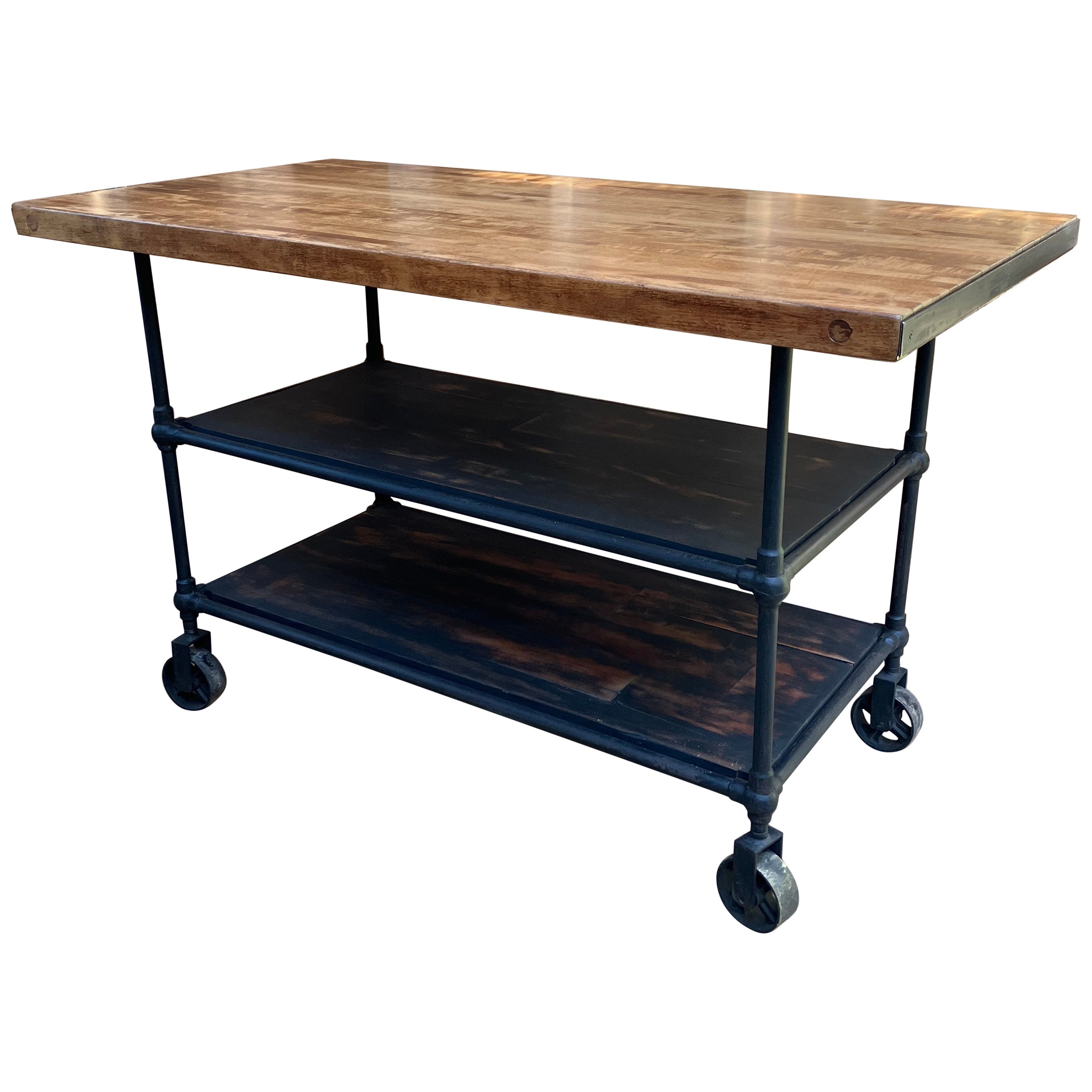 Mid Century Industrial Kitchen Island Worktable With Butcher Block Top For Sale
