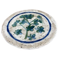 Retro Signed Ceramic Plate With Blue Floral Motif.