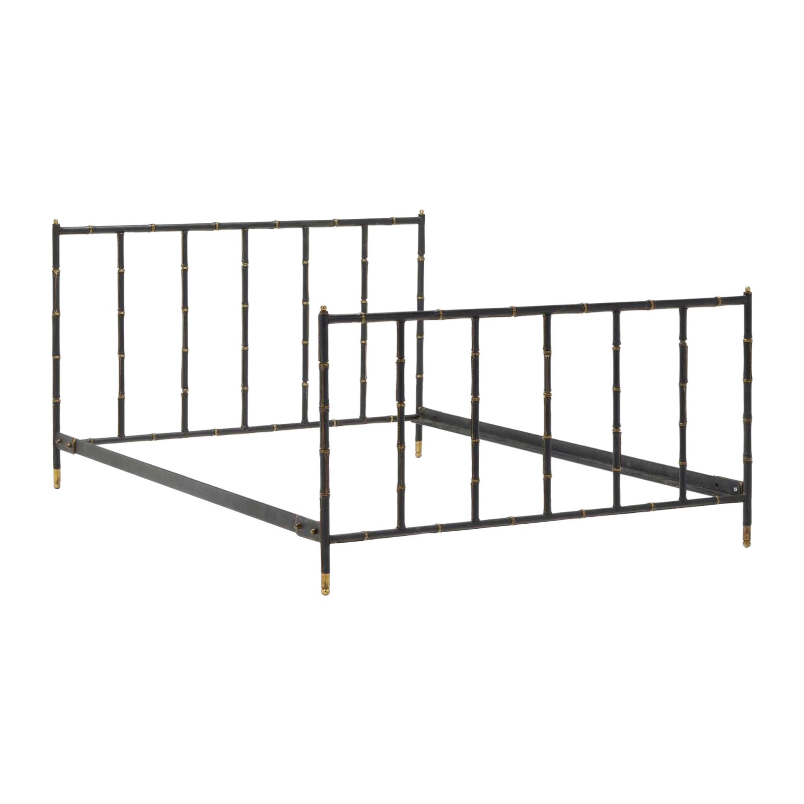 Jacques Adnet Leather and Brass Full Size Bed Frame, France 1950