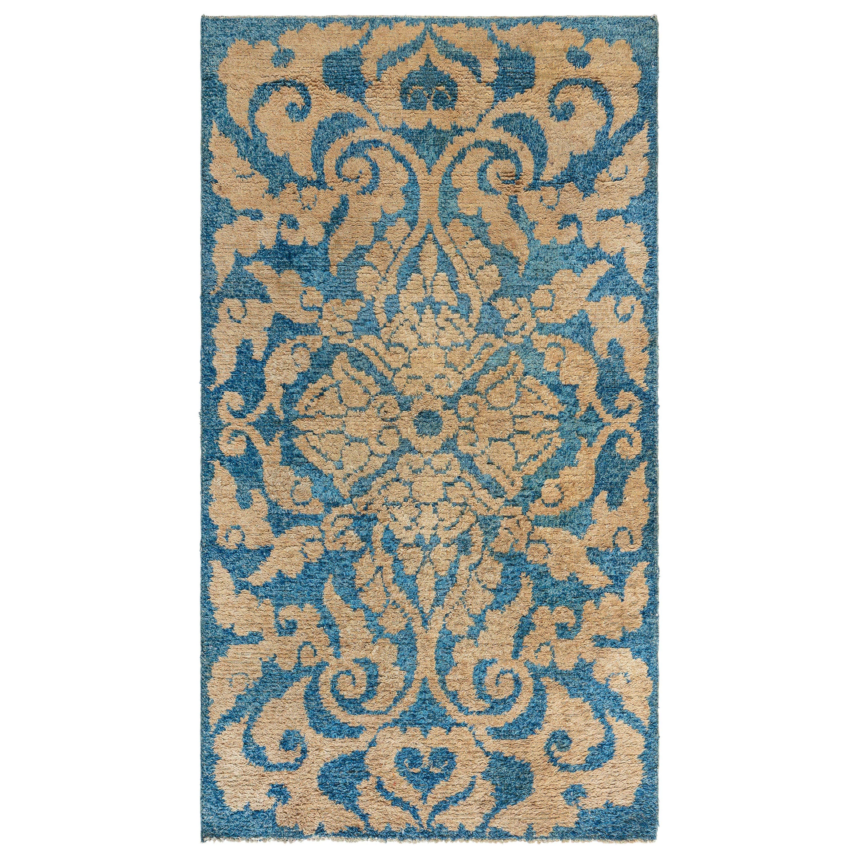 Midcentury Floral Blue Yellow Chinese Wool Rug For Sale