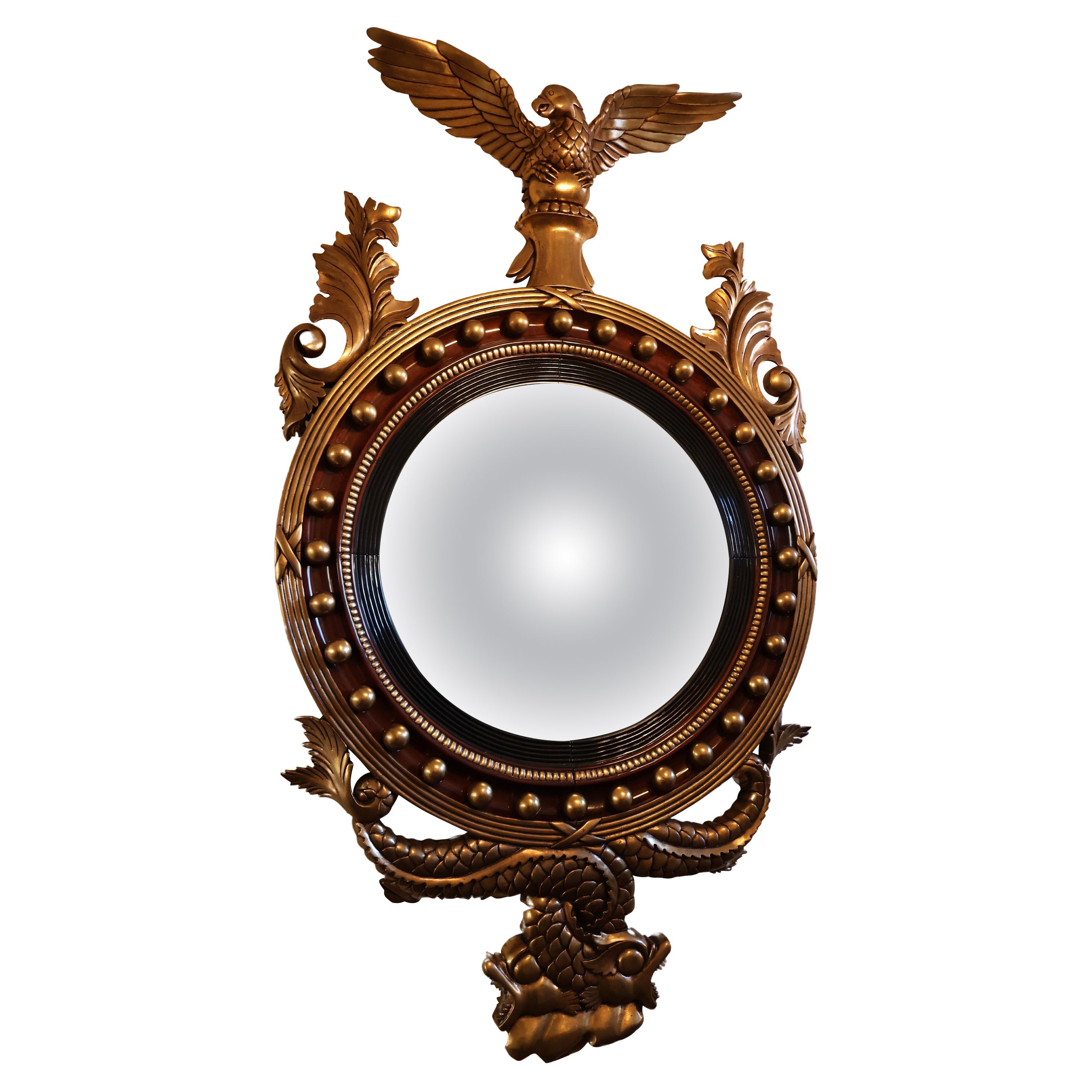 20th Century Finely Made Large Gold Gilt & Mahogany Eagle Bullseye Mirror For Sale