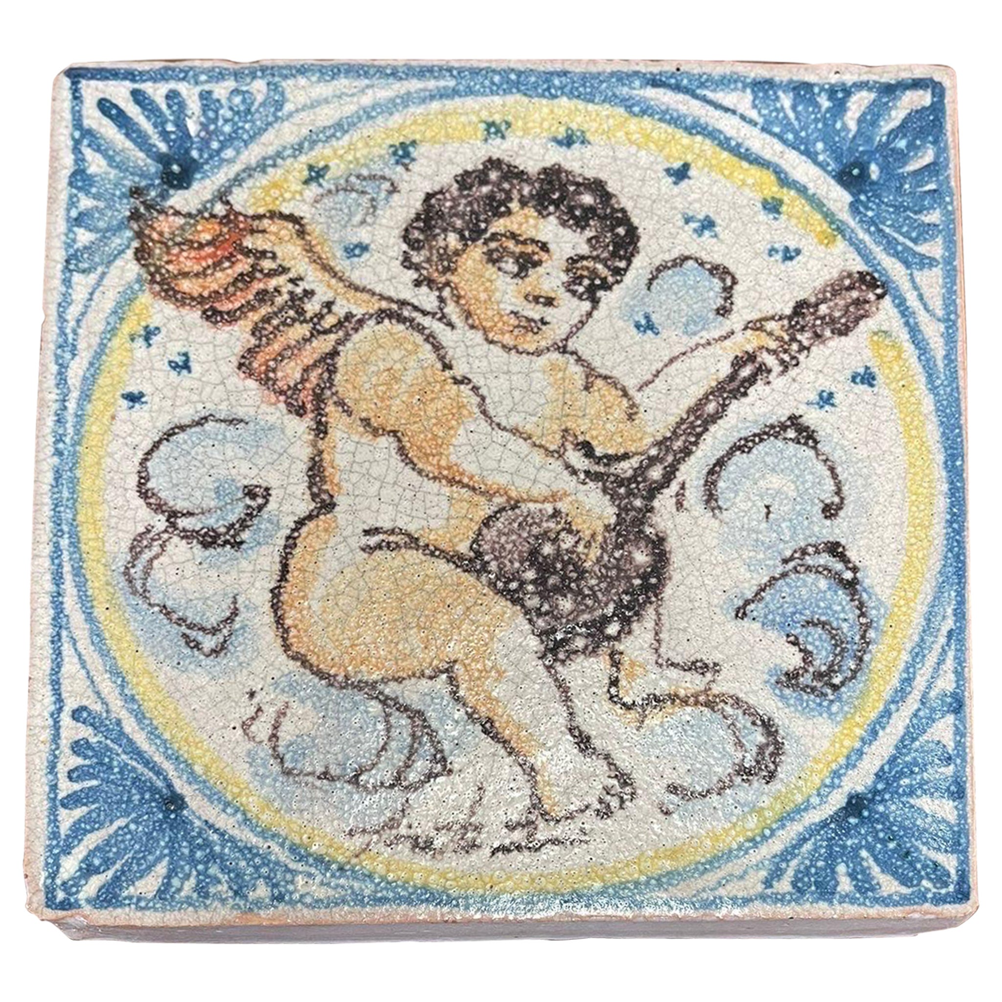Vintage Italian Hand Painted Ceramic Tile Decorative Wall Hanging With Cherub mo For Sale