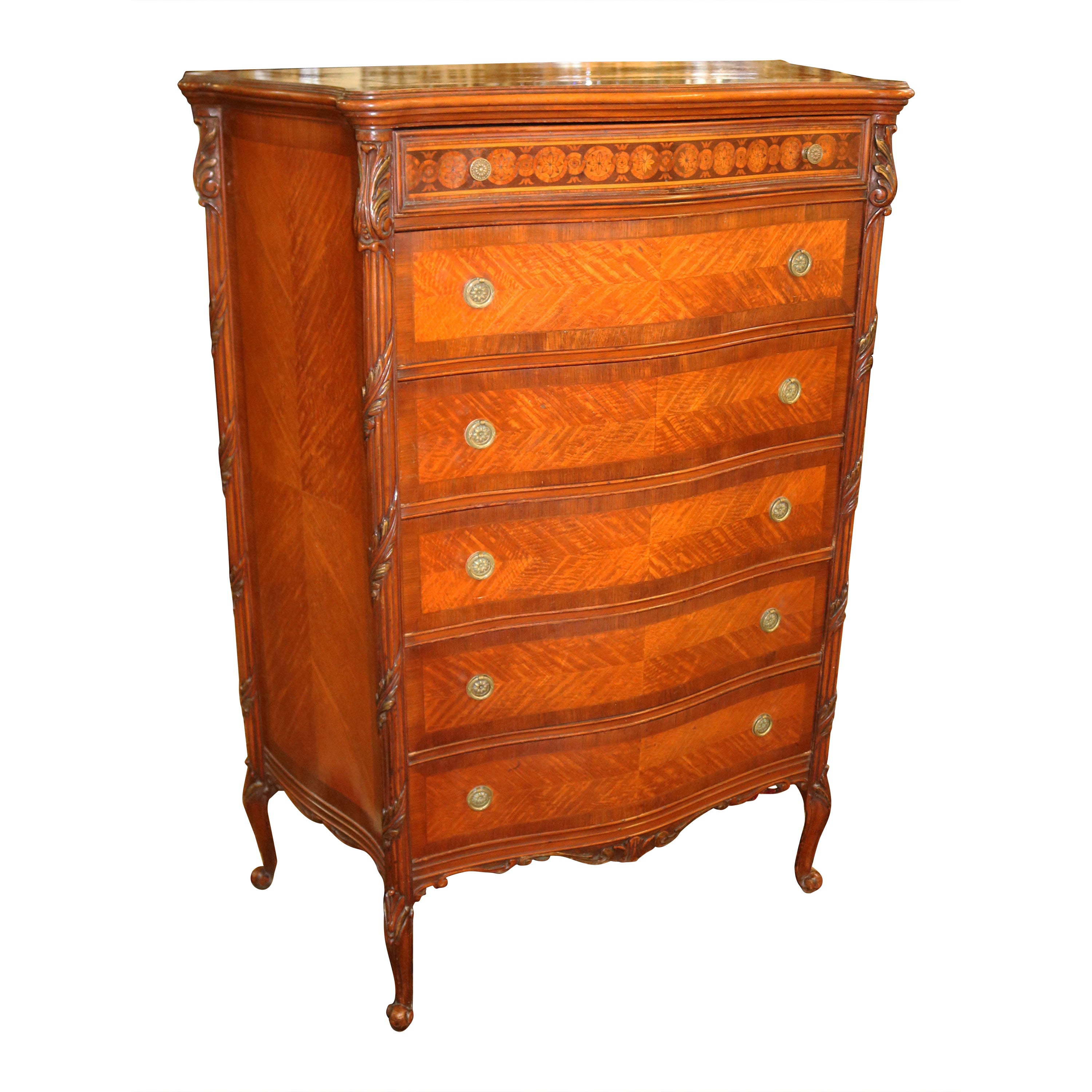 Fabulous French Louis XV Style Inlaid Kingwood High Chest Dresser For Sale