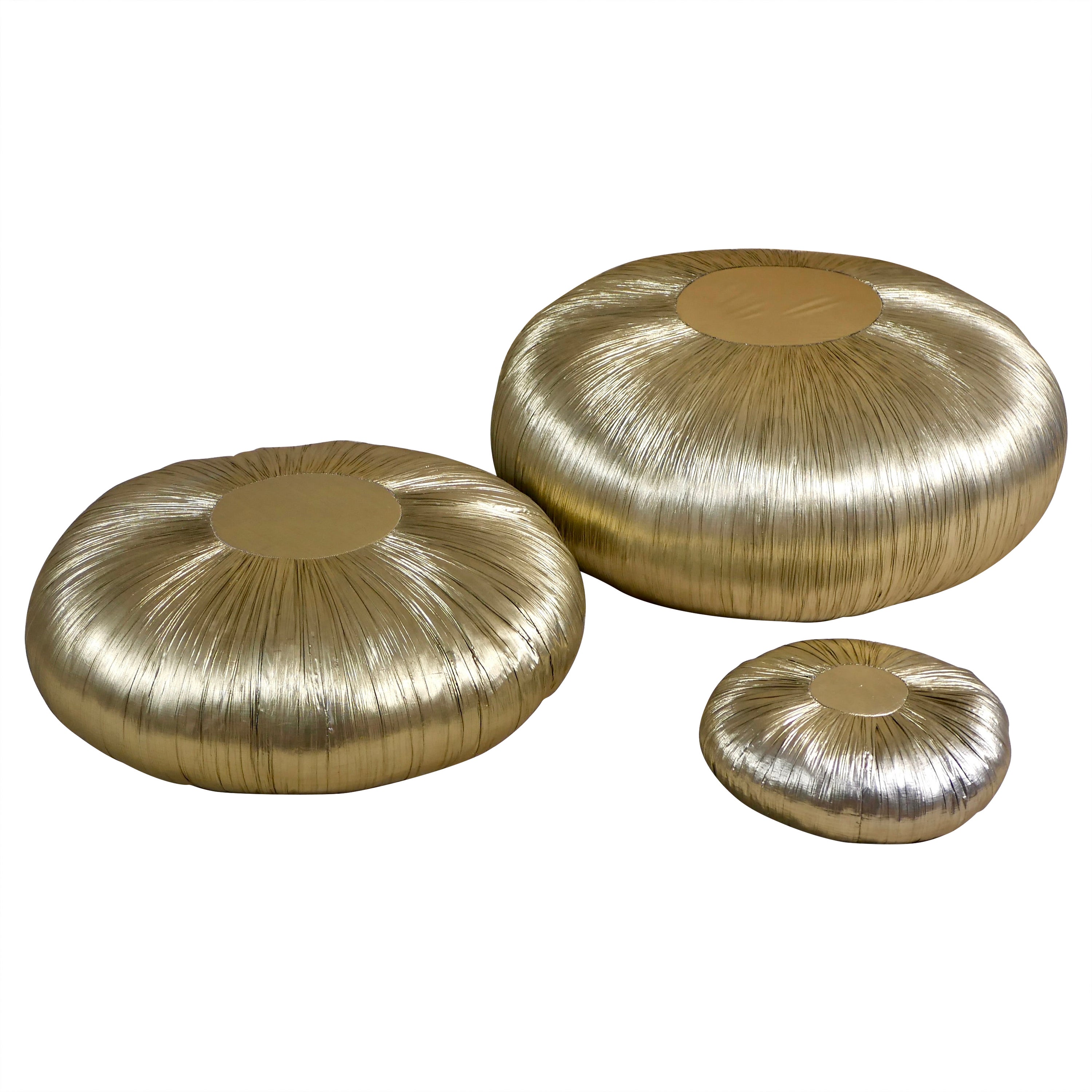 Set of 3 golden poufs by Fremau, made in France, 1980s