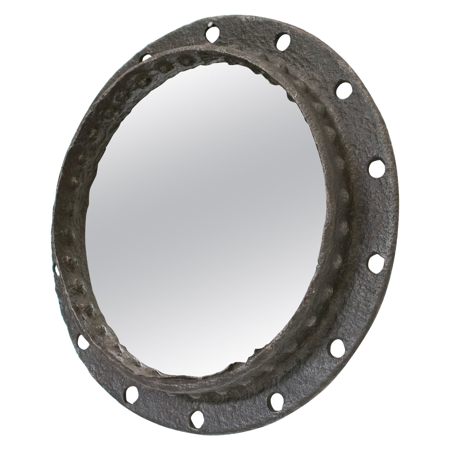 Industrial Brutalist Wrought Iron Porthole Mirror For Sale