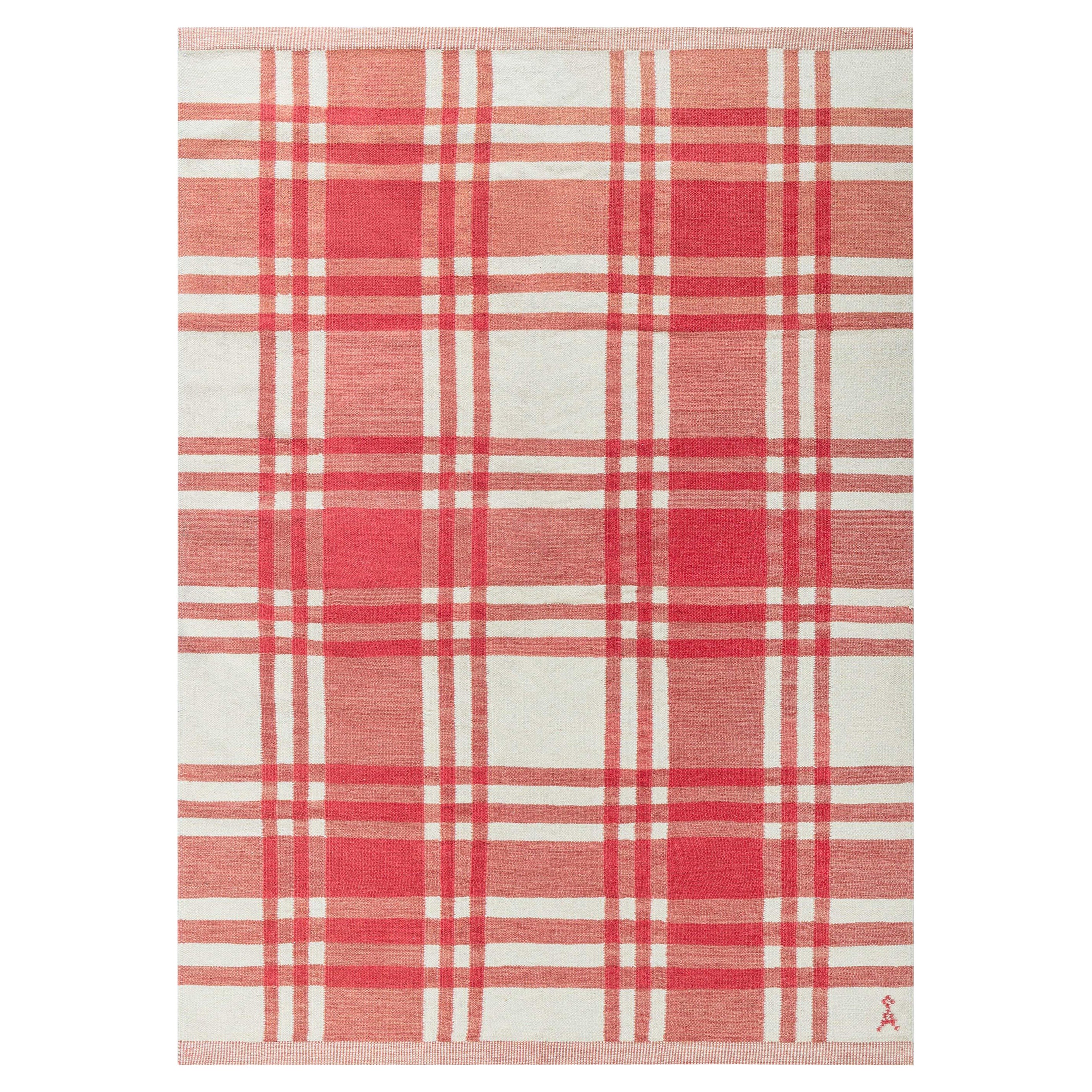 Midcentury Swedish Red Checkered Wool Rug For Sale