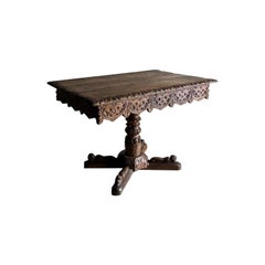 Antique Carved Oak Wood Side Table Belgium, 1800s