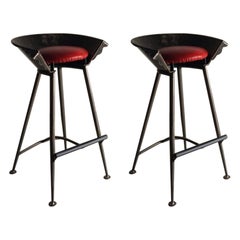 Set of 2 Brutalist Cast Metal Red Bar Stools Italy, 1980s