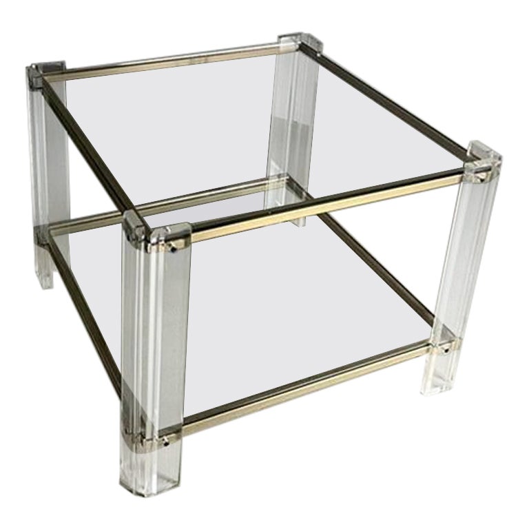 Square Acrylic Glass and Brass Coffee Table Hollywood Regency Style, 1970s For Sale