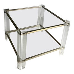 Vintage Square Acrylic Glass and Brass Coffee Table Hollywood Regency Style, 1970s